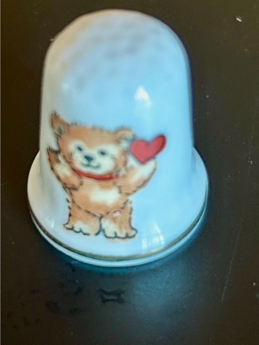 Vintage White Ceramic Thimble with Cute Bear and Red ❤️Heart